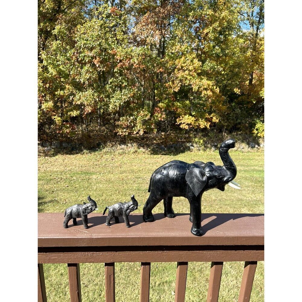 Vintage Leather Wrapped Elephant Statue W Tusks, Trunk Up Black 13”L x 13”H
